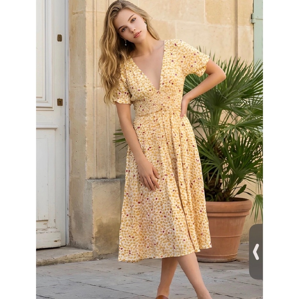 Free People In Full Bloom Midi Dress Yellow Floral Smocked Waist OB1078725 XS
